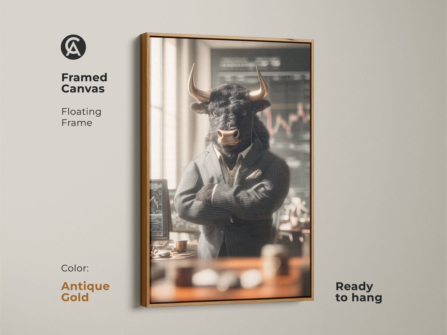 Framed canvas featuring a bull in a suit with an antique gold floating frame. The artwork shows a bull in a modern office. Ready to hang this framed canvas adds a touch of elegance to your decor. The antique gold frame provides a classic look.