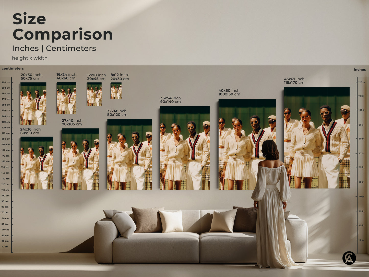Size comparison of artwork in inches and centimeters. A group in tennis attire is shown in various sizes. Sizes range from 8x12 inches to 45x67 inches. Visualize the perfect fit for your space.