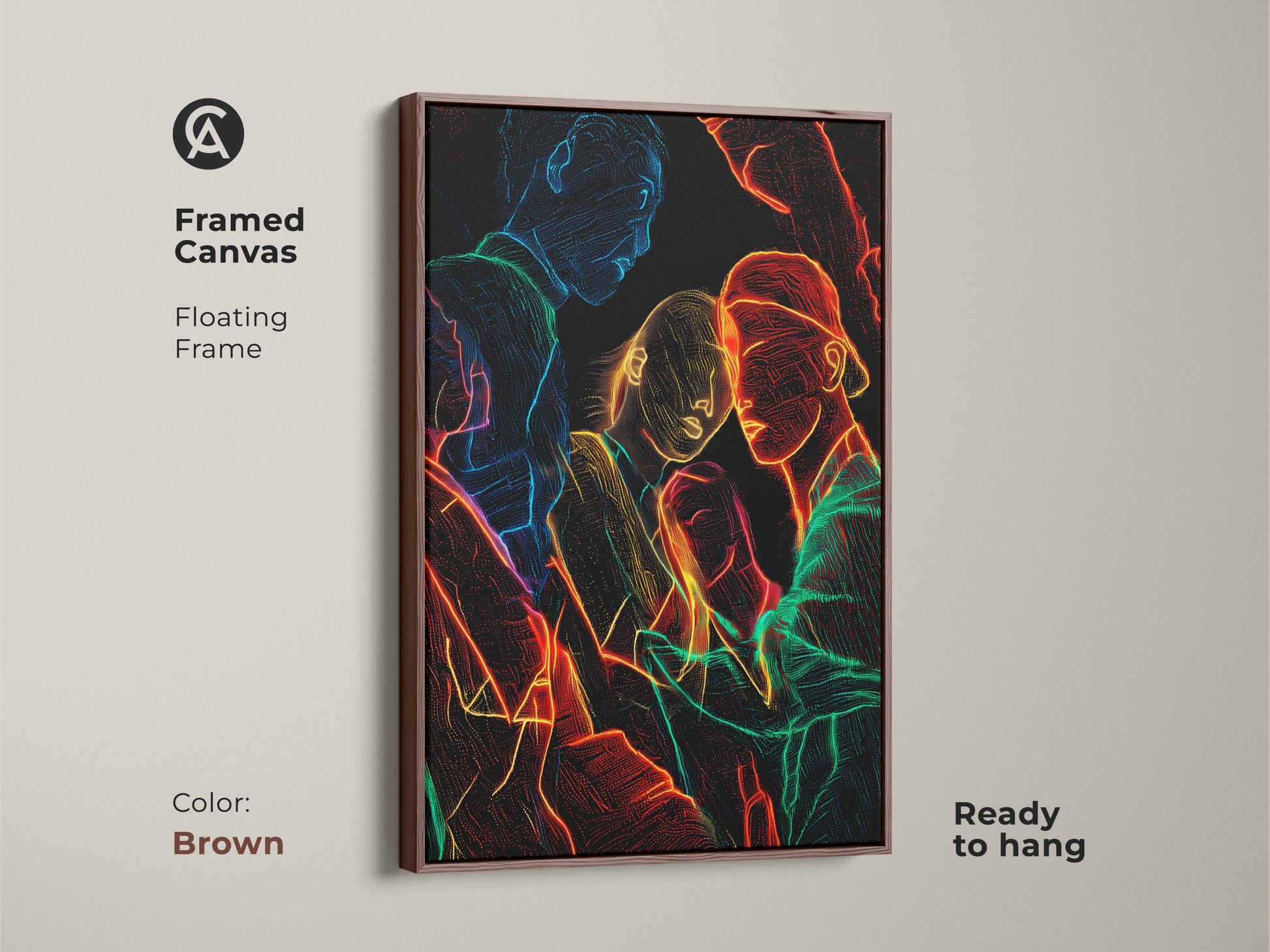Framed canvas with a floating brown frame showing neon line art. Contemporary group portrait with abstract figurative people artwork. The red blue and green neon art adds a modern edgy touch ready to hang for stylish home decor.