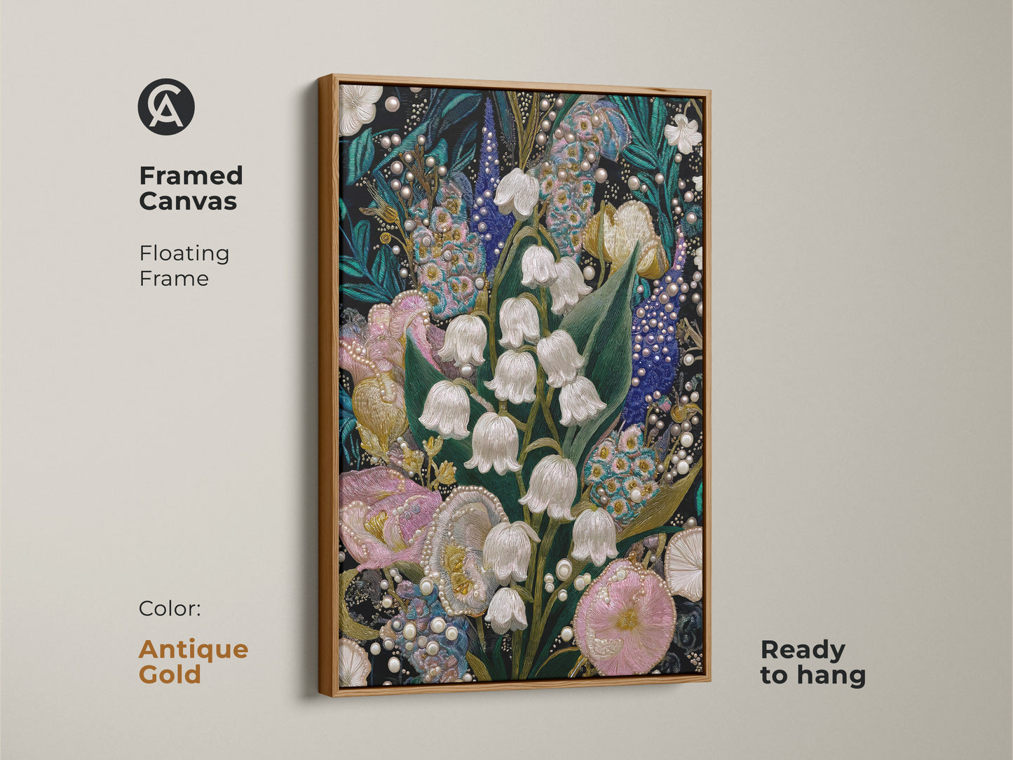 Antique Gold framed canvas featuring Lily of the Valley & Tulip Embroidery Art. The floating frame enhances the spring garden wall art. Ready to hang this pink teal and white floral art print is perfect for maximalist home decor.
