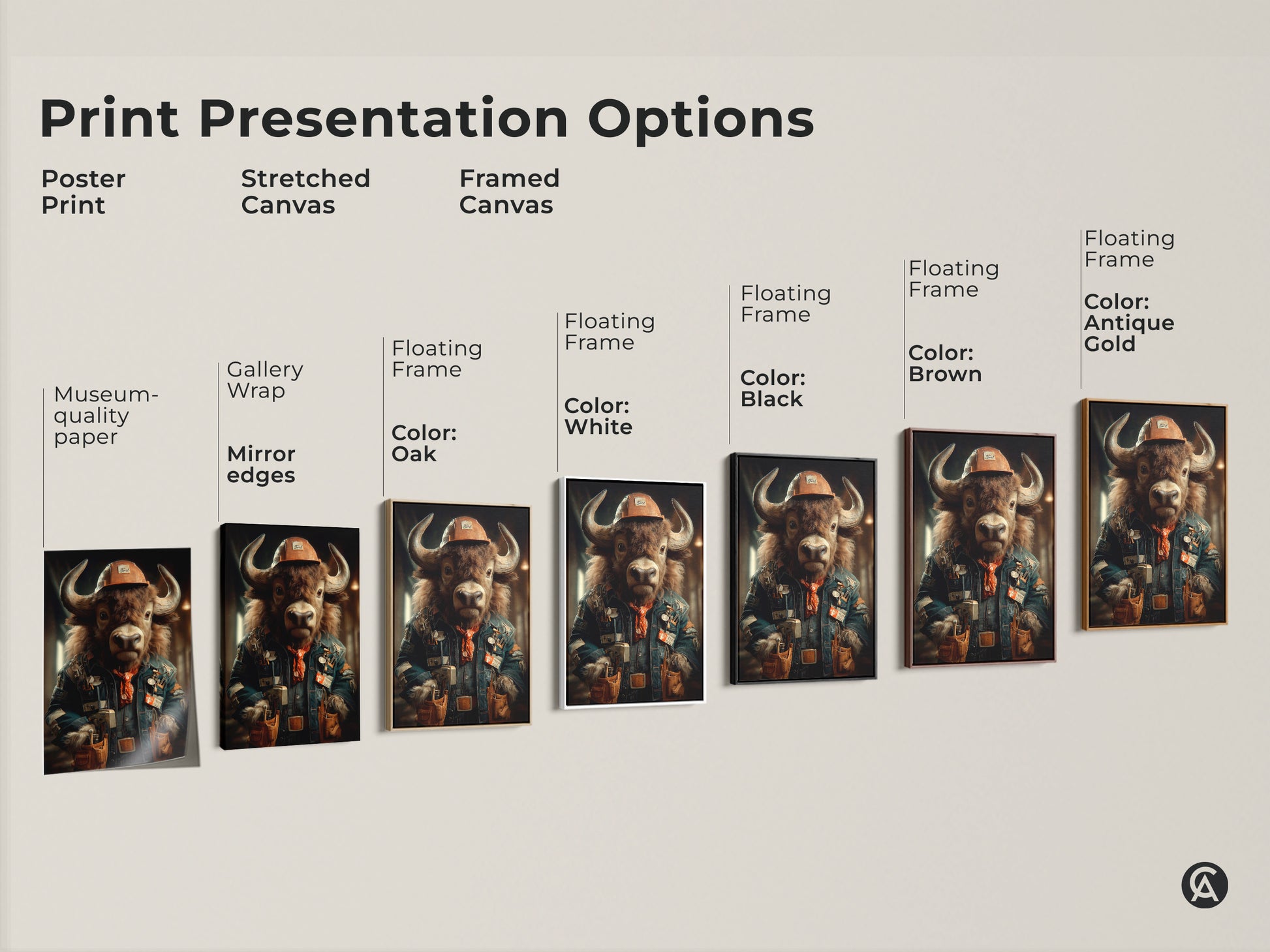 Explore print presentation options for steampunk buffalo artwork. Choose from poster prints stretched canvas and framed canvas. Floating frames are available in oak black brown antique gold and white. Find the perfect industrial animal art for your office or Father's Day gift.