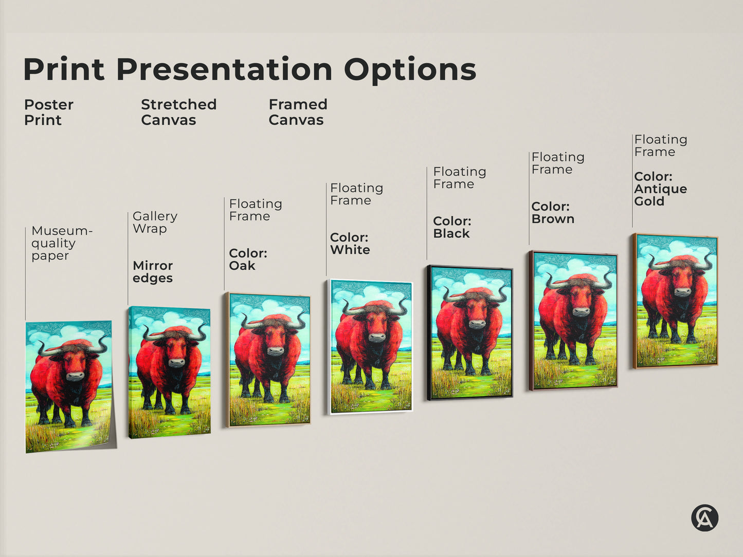 Explore print presentation options for the red bull artwork. Choose from poster print stretched canvas or framed canvas. Each offers a unique way to showcase this bold animal painting in your home. Options include gallery wrap and floating frames in various colors.