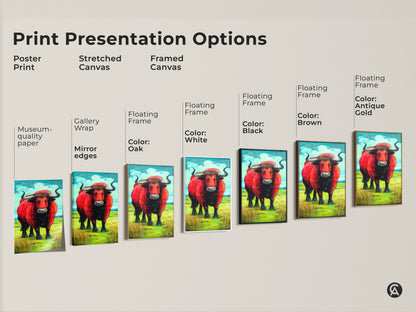 Explore print presentation options for the red bull artwork. Choose from poster print stretched canvas or framed canvas. Each offers a unique way to showcase this bold animal painting in your home. Options include gallery wrap and floating frames in various colors.