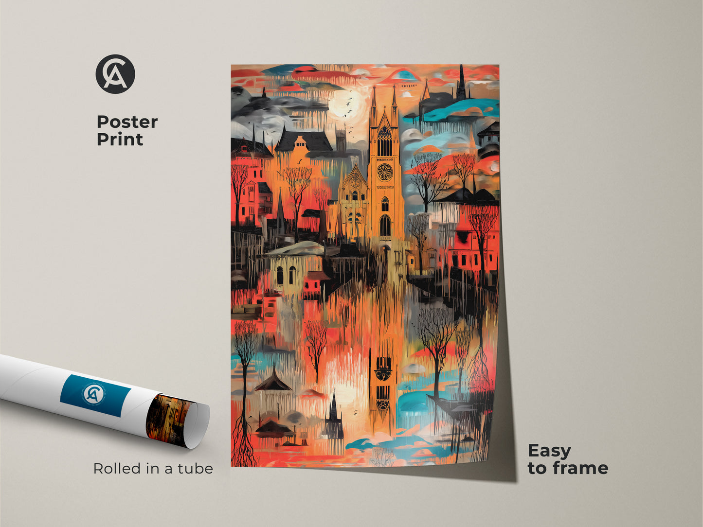 Abstract cityscape art is rolled in a tube for easy framing. Gothic architectural elements in striking orange red and teal create a unique poster print. Enhance your office or entry hall with this expressive art piece a perfect traveler gift.