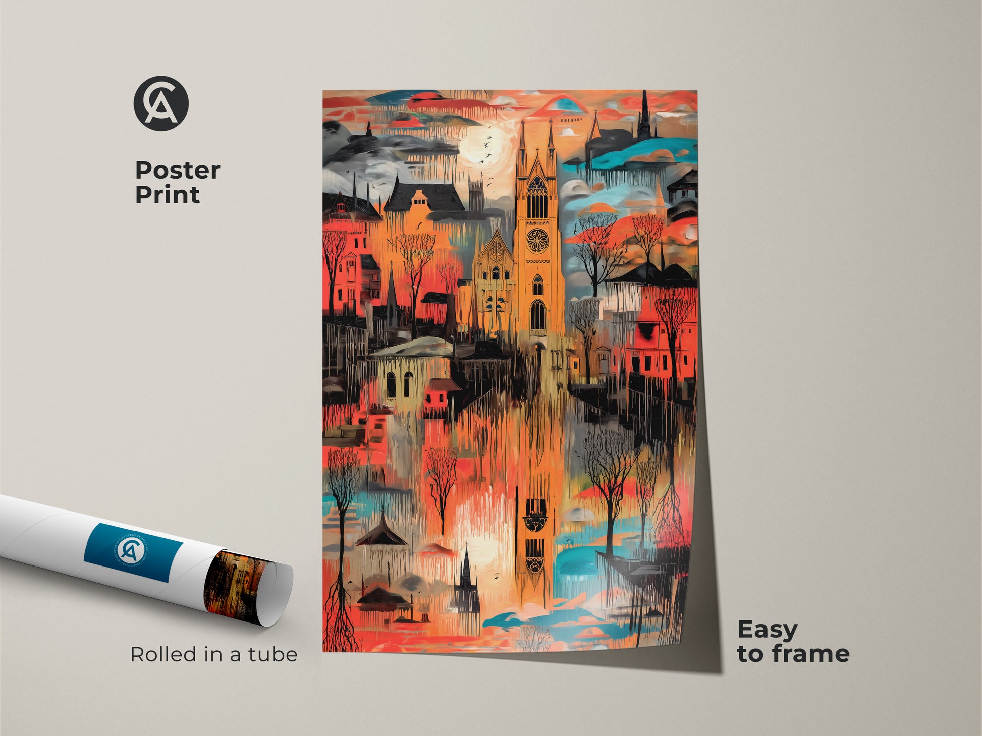 Abstract cityscape art is rolled in a tube for easy framing. Gothic architectural elements in striking orange red and teal create a unique poster print. Enhance your office or entry hall with this expressive art piece a perfect traveler gift.
