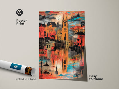 Abstract cityscape art is rolled in a tube for easy framing. Gothic architectural elements in striking orange red and teal create a unique poster print. Enhance your office or entry hall with this expressive art piece a perfect traveler gift.