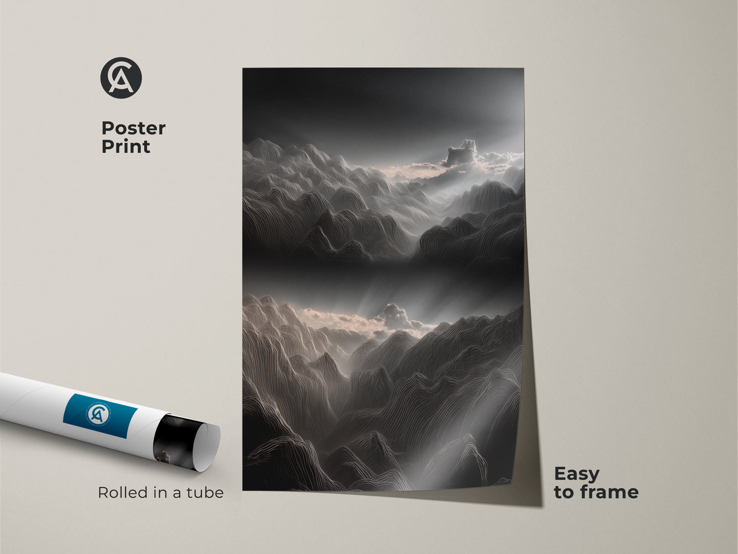 Poster print of abstract mountain line artwork. The charcoal and pink clouds landscape is a minimalist home decor piece. It's rolled in a tube for easy framing. This nature inspired art is ideal for modern interiors and hiker gifts.