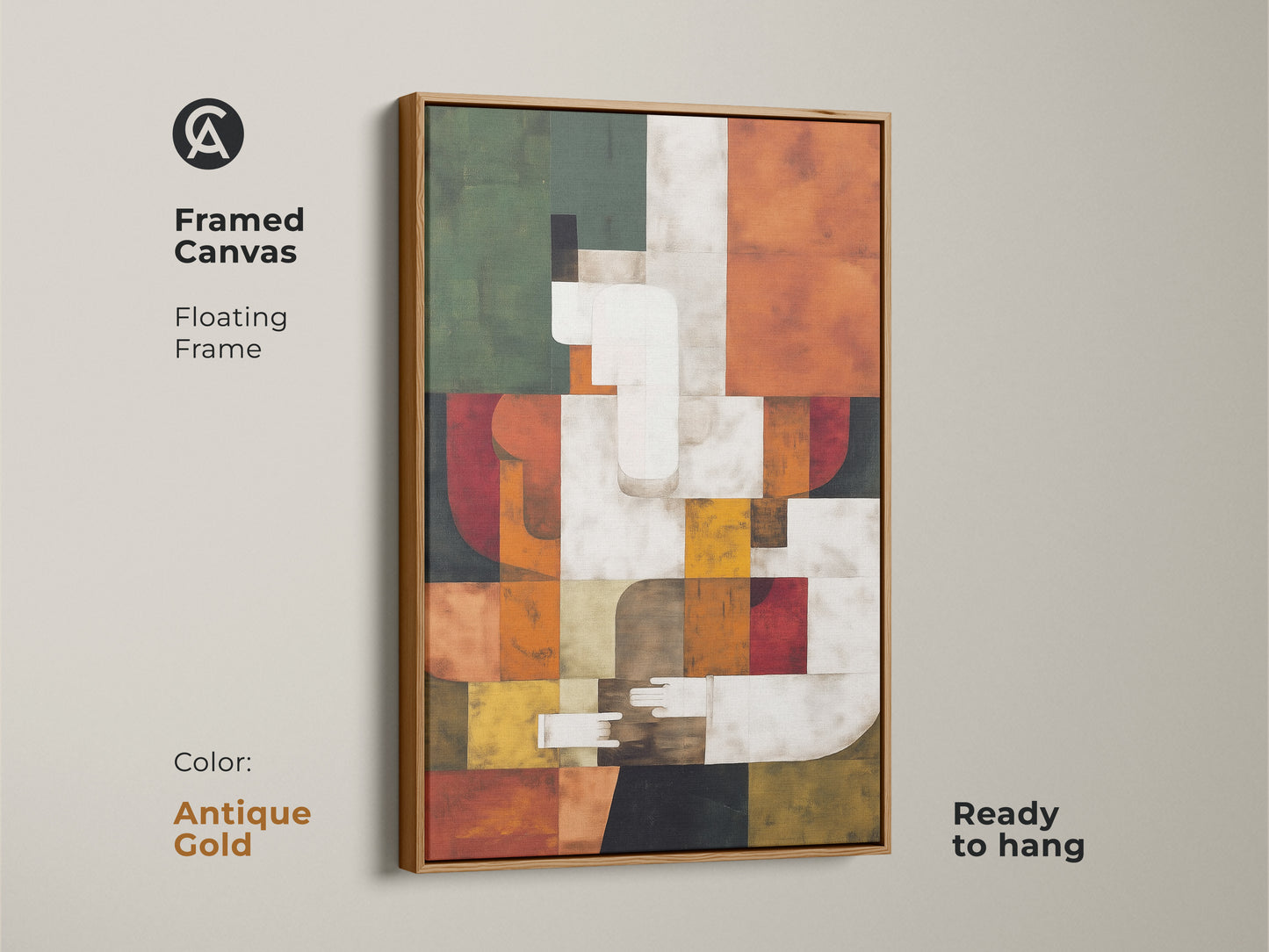 Framed Canvas displaying Bauhaus-style geometric art. The antique gold floating frame enhances the terracotta green orange and teal tones. This artwork is a sophisticated addition to any room. Ready to hang and impress.