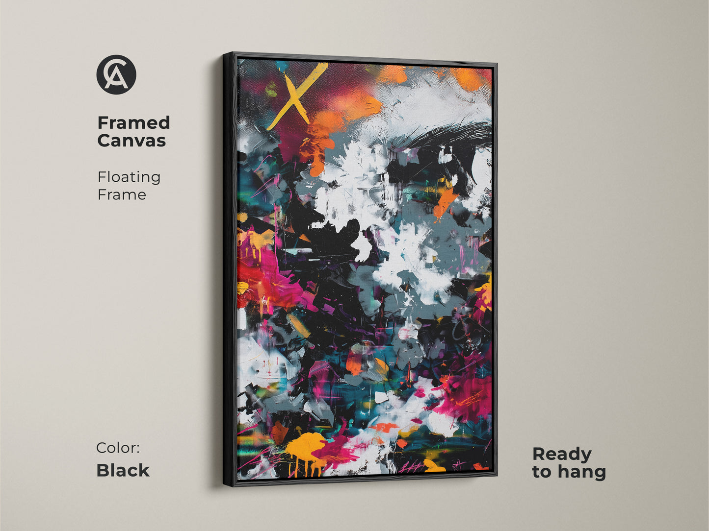 Black framed canvas featuring a modern abstract art piece. The floating frame adds a touch of sophistication. This canvas arrives ready to hang. The bold colors and dynamic composition make it a focal point. Enhance your decor with this framed artwork