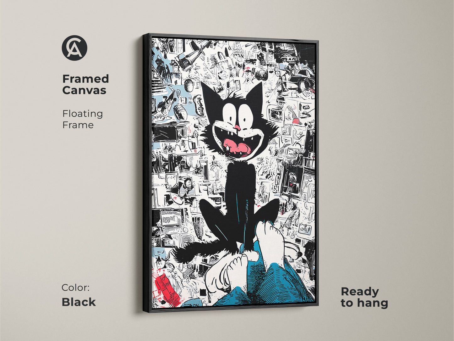 Framed canvas art print with a floating frame in black color. This features a whimsical black cat sitting above a person's feet. The background showcases a collage of cartoon imagery. The framed art is ready to hang.