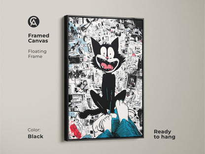 Framed canvas art print with a floating frame in black color. This features a whimsical black cat sitting above a person's feet. The background showcases a collage of cartoon imagery. The framed art is ready to hang.