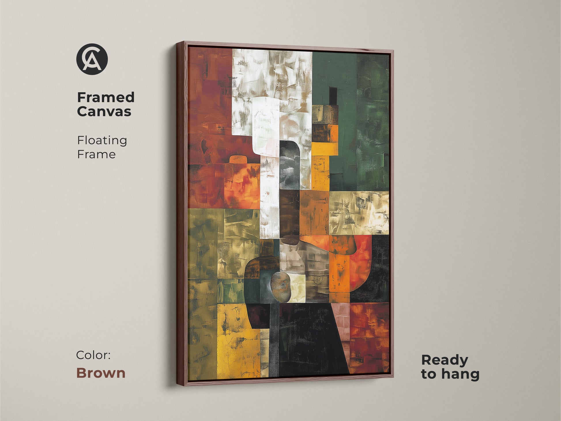 Brown framed canvas showcases an abstract geometric artwork piece. Ready to hang this contemporary canvas adds warmth. The floating frame highlights the terracotta orange and green tones.