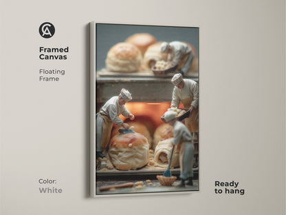 Framed canvas art print featuring miniature chefs preparing pastries. The artwork has a white floating frame creating a clean modern look. This framed art piece is ready to hang and is perfect for any room. Enhance your space with this art.