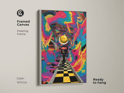 Explore print presentation options for psychedelic tunnel artwork. Choose from poster prints stretched canvas and framed canvas. Art features a checkered path leading to the word LOVE. A golden orb floats above. Find the perfect art for your space.
