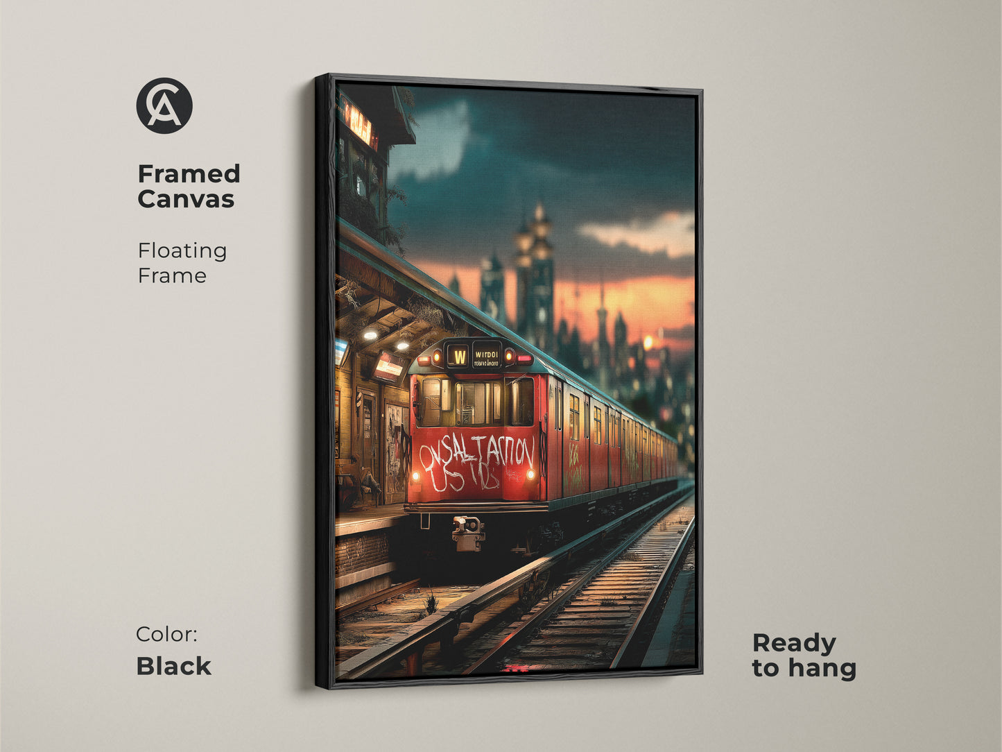 Framed canvas featuring cityscape graffiti artwork. A black floating frame enhances this piece of urban subway train art. Ready to hang. This framed canvas is a great choice for industrial transportation wall art. Ideal apartment entryway art with loft style decor.