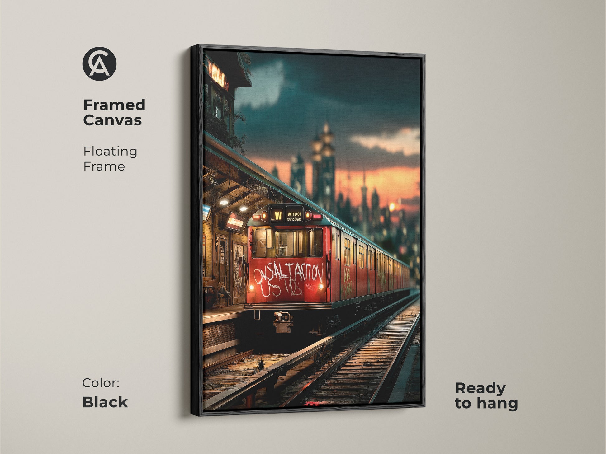 Framed canvas featuring cityscape graffiti artwork. A black floating frame enhances this piece of urban subway train art. Ready to hang. This framed canvas is a great choice for industrial transportation wall art. Ideal apartment entryway art with loft style decor.