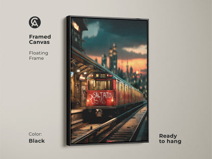 Framed canvas featuring cityscape graffiti artwork. A black floating frame enhances this piece of urban subway train art. Ready to hang. This framed canvas is a great choice for industrial transportation wall art. Ideal apartment entryway art with loft style decor.