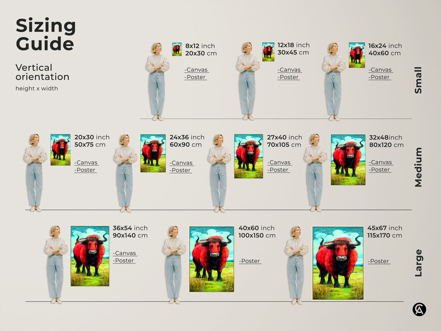 A sizing guide featuring the red bull canvas print in vertical orientations. Available in small medium and large sizes. This animal artwork fits any space in your home. Perfect for making a bold statement in your living room or bedroom wall art decor.