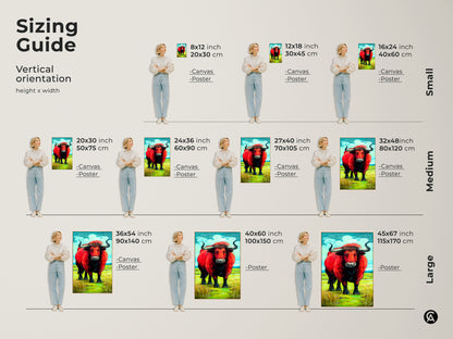 A sizing guide featuring the red bull canvas print in vertical orientations. Available in small medium and large sizes. This animal artwork fits any space in your home. Perfect for making a bold statement in your living room or bedroom wall art decor.