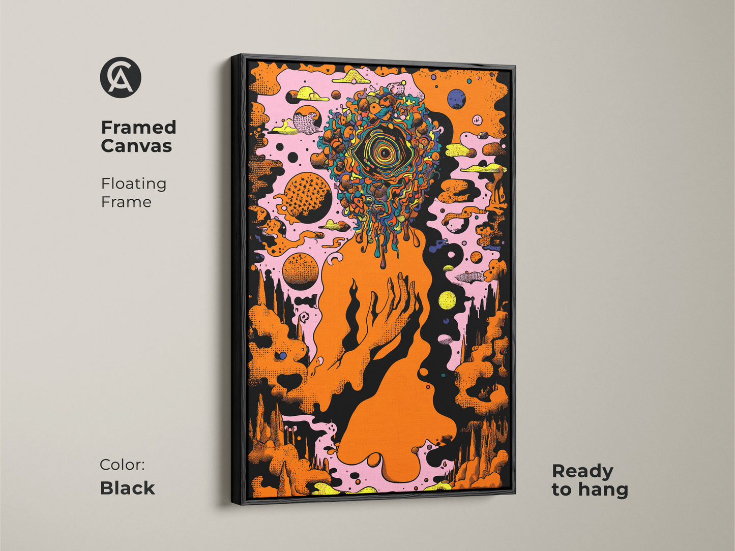 Framed canvas of abstract head art featuring an orange eye. This surrealism wall art is ready to hang with a floating black frame. The psychedelic art print is perfect for eclectic office decor. Modern wall hanging that adds a unique artistic touch to any room.