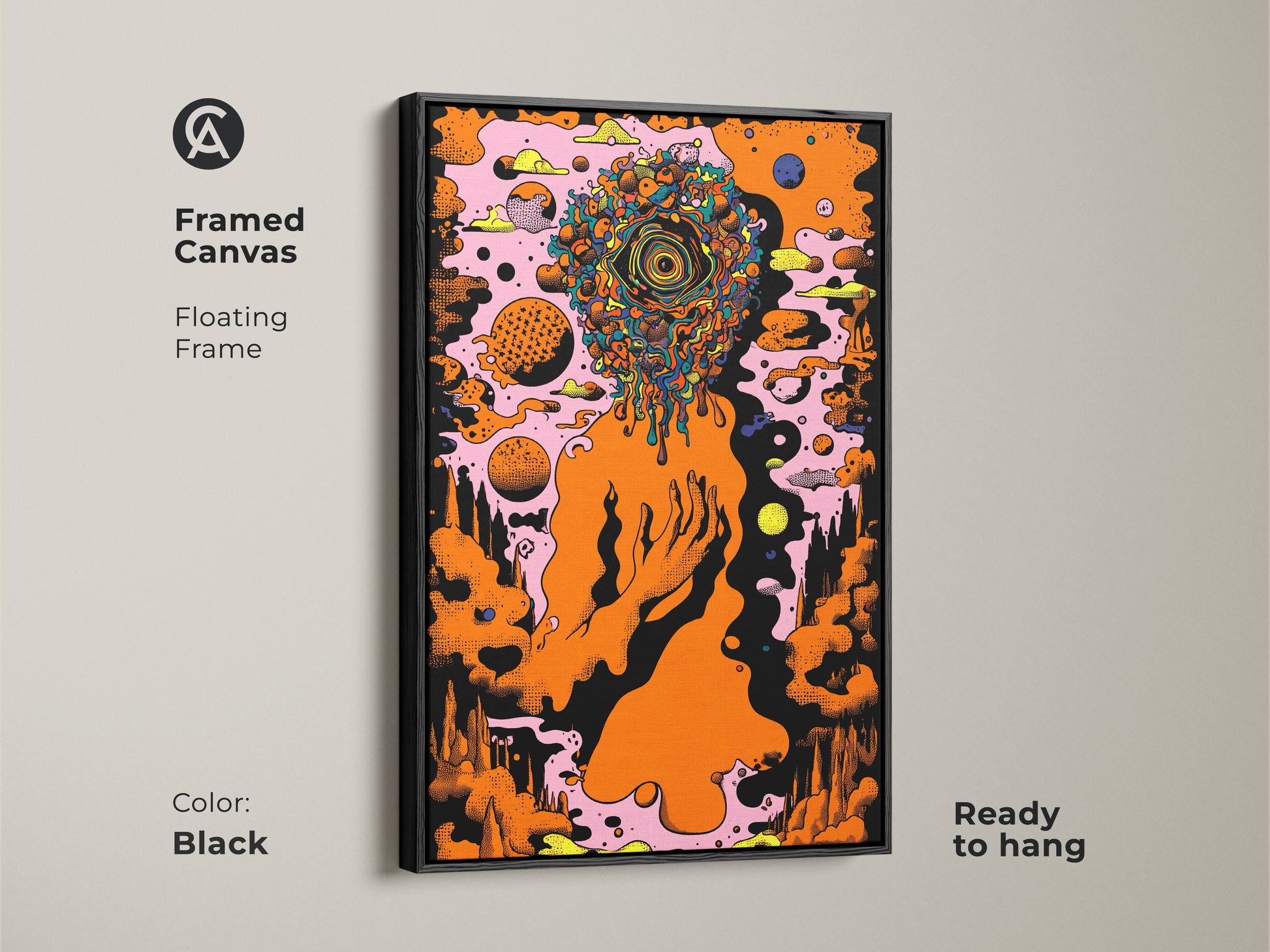 Framed canvas of abstract head art featuring an orange eye. This surrealism wall art is ready to hang with a floating black frame. The psychedelic art print is perfect for eclectic office decor. Modern wall hanging that adds a unique artistic touch to any room.
