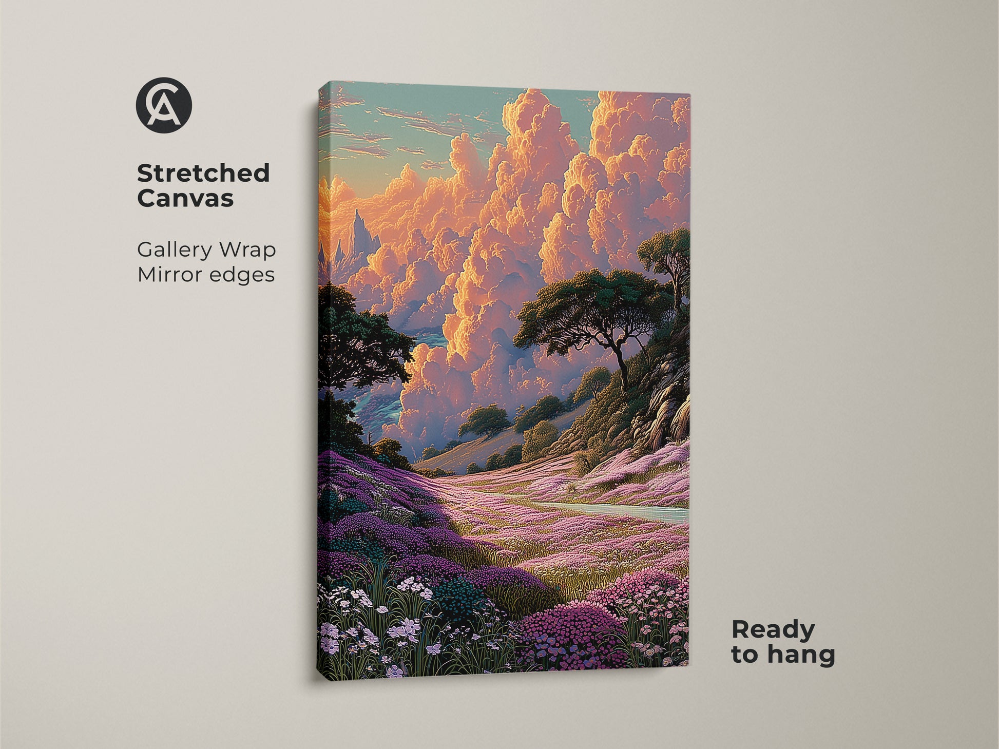 Stretched canvas print of a boho mountain landscape with vibrant wildflowers. The purple pink and orange sky art enhances any space. Ready to hang with gallery wrapped edges this piece brings nature indoors. Ideal for adding a bohemian touch to your home decor.