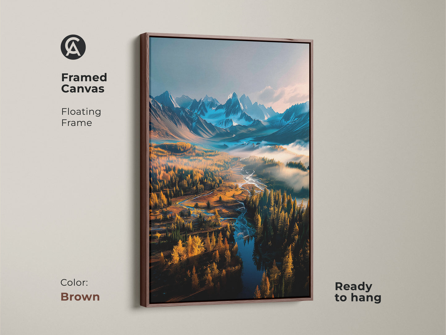 Brown framed canvas art print displaying a scenic mountain river landscape. This floating frame artwork is ready to hang and brings natural beauty to any room. Transform your space with this exquisite landscape art. Discover framed canvas prints for your home