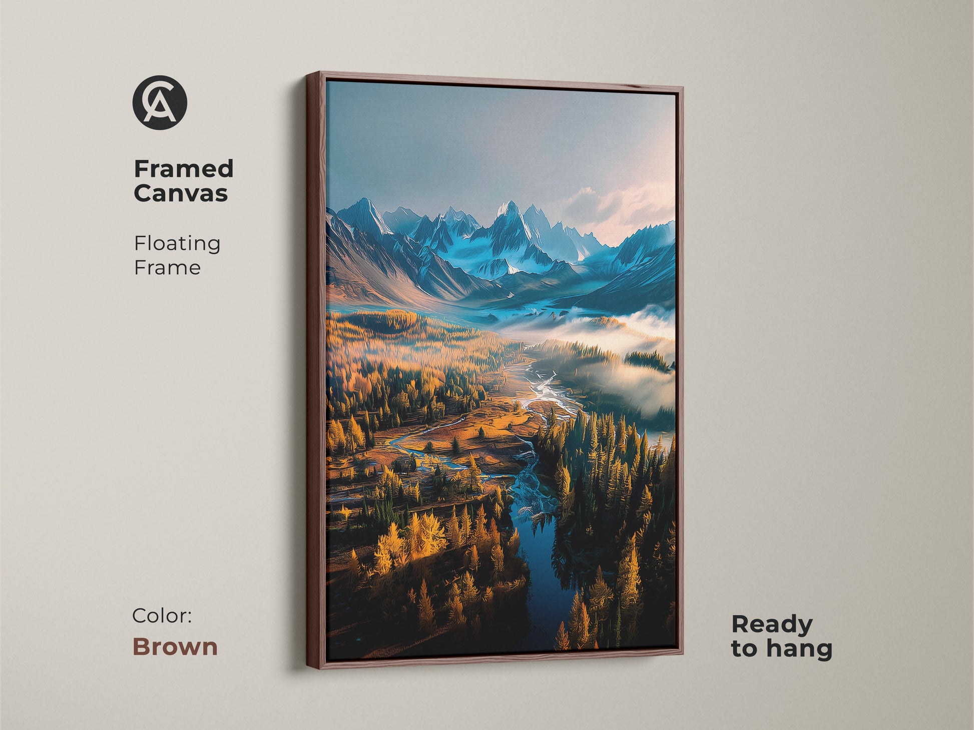Brown framed canvas art print displaying a scenic mountain river landscape. This floating frame artwork is ready to hang and brings natural beauty to any room. Transform your space with this exquisite landscape art. Discover framed canvas prints for your home