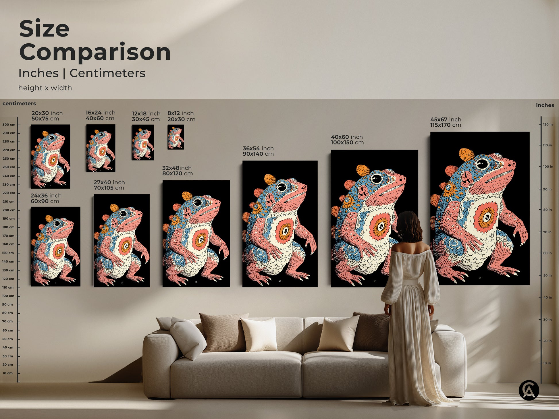 A size comparison of psychedelic frog artwork. Ranging from small to extra large this retro creature print fits any room. Visualize the scale of the fantasy amphibian poster. The pink blue and orange artwork makes an eclectic statement. Perfect for adding to any home decor.