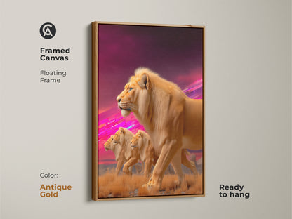 Framed Canvas features Lion Pride artwork. The antique gold floating frame accentuates the art. Ready to hang this wildlife animal print is a fantasy savanna landscape. This big cat art is perfect for home or office decor