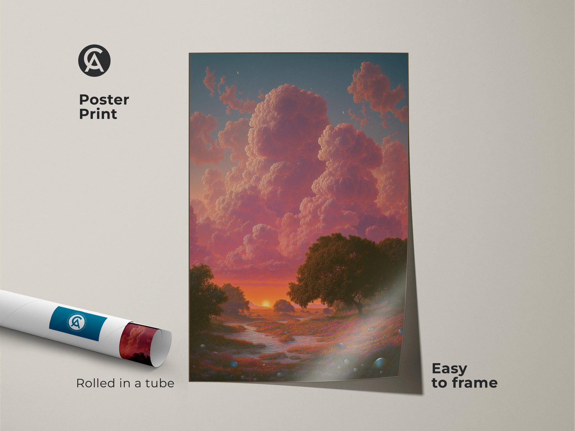 Poster print of a dreamy landscape canvas. This boho sunset wall art features an impressionistic cloud art. The nature trees canvas art is easy to frame. Rolled in a tube for protection this bedroom landscape decor is perfect.