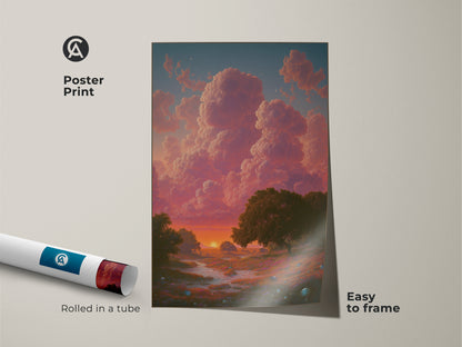Poster print of a dreamy landscape canvas. This boho sunset wall art features an impressionistic cloud art. The nature trees canvas art is easy to frame. Rolled in a tube for protection this bedroom landscape decor is perfect.