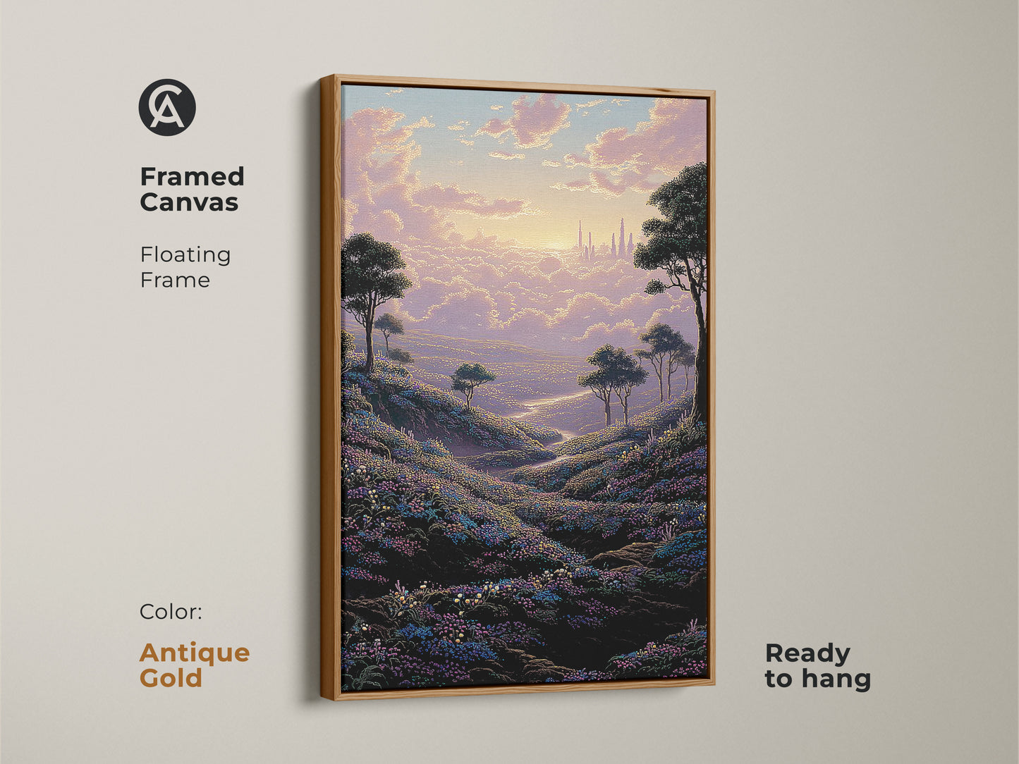 Framed canvas art in a floating antique gold frame displays a dreamy cityscape and impressionistic flower field. This fantasy landscape is ready to hang. A beautiful housewarming gift idea.
