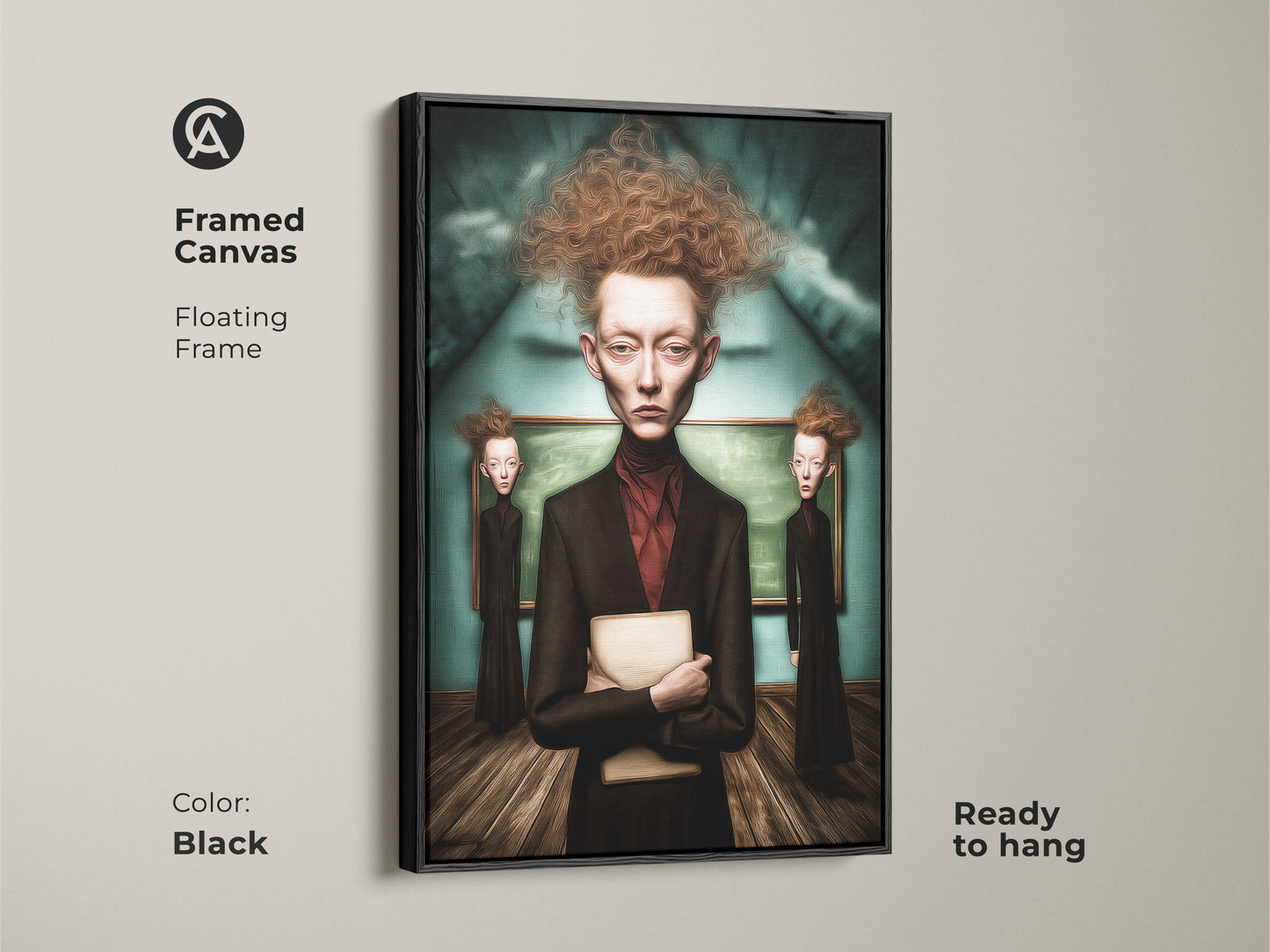 Framed canvas showcases a surrealist portrait. It has a floating black frame. The Gothic figure canvas print enhances study room decor. This dark academia art suits eclectic living rooms. Ready to hang.