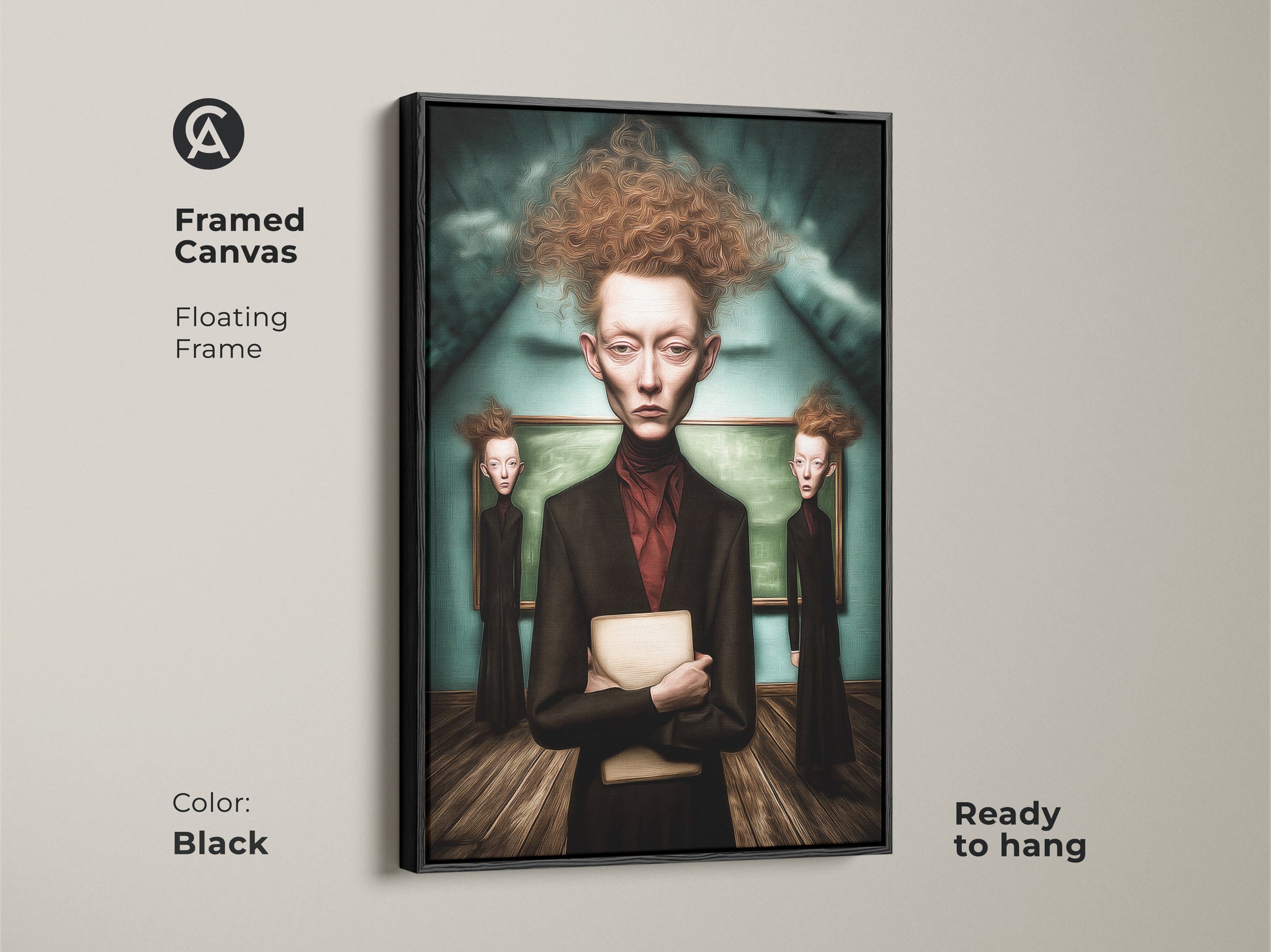 Framed canvas showcases a surrealist portrait. It has a floating black frame. The Gothic figure canvas print enhances study room decor. This dark academia art suits eclectic living rooms. Ready to hang.