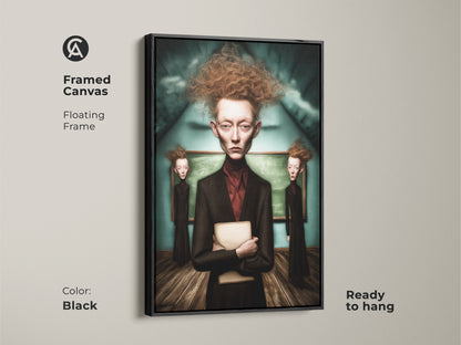 Framed canvas showcases a surrealist portrait. It has a floating black frame. The Gothic figure canvas print enhances study room decor. This dark academia art suits eclectic living rooms. Ready to hang.