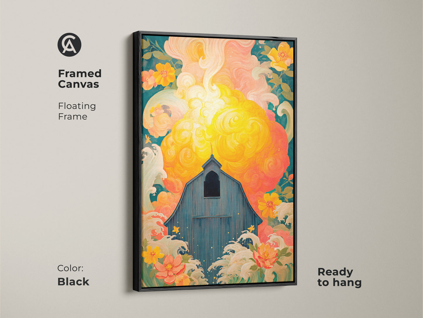 Framed Canvas showcasing a Blue Barn with Yellow Coral flowers set against an abstract sky. The black floating frame enhances this nature landscape art. Ready to hang this eclectic country decor piece adds unique character. Ideal for living room wall art or bedroom decor it is a beautiful farmhouse wall art print.