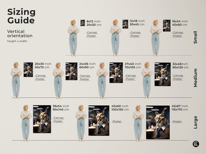 Sizing guide for the Caracal art print. Vertical orientation height and width options include canvas and poster prints. Find the perfect size for your contemporary office wall art today.