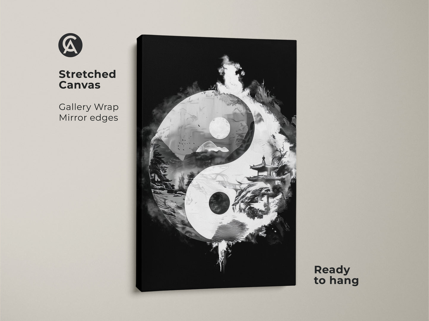 Stretched canvas featuring Yin Yang abstract landscape art. Black and white surrealism brings zen balance. Gallery wrapped with mirror edges and ready to hang as wall decor.