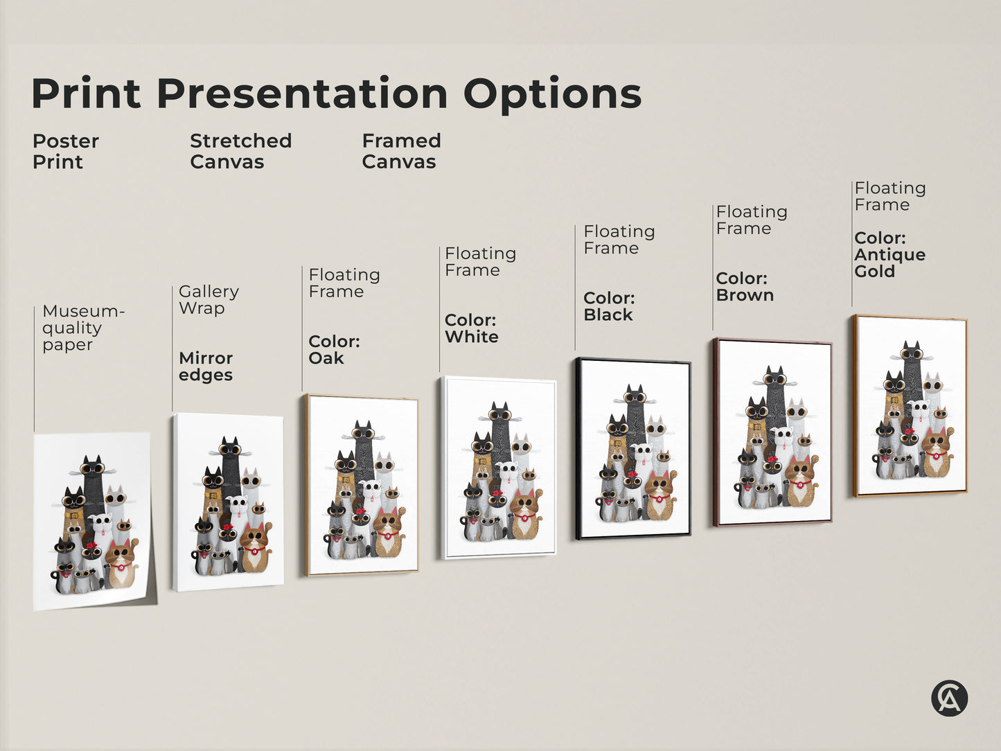 Print presentation options for cute cat art. Choose from poster print stretched canvas and framed canvas. The whimsical animal wall art is available with gallery wrap mirror edges and floating frames. Find your perfect style.