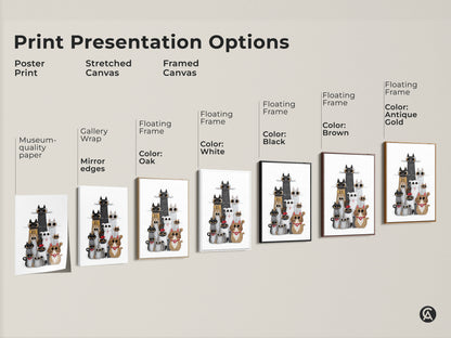 Print presentation options for cute cat art. Choose from poster print stretched canvas and framed canvas. The whimsical animal wall art is available with gallery wrap mirror edges and floating frames. Find your perfect style.