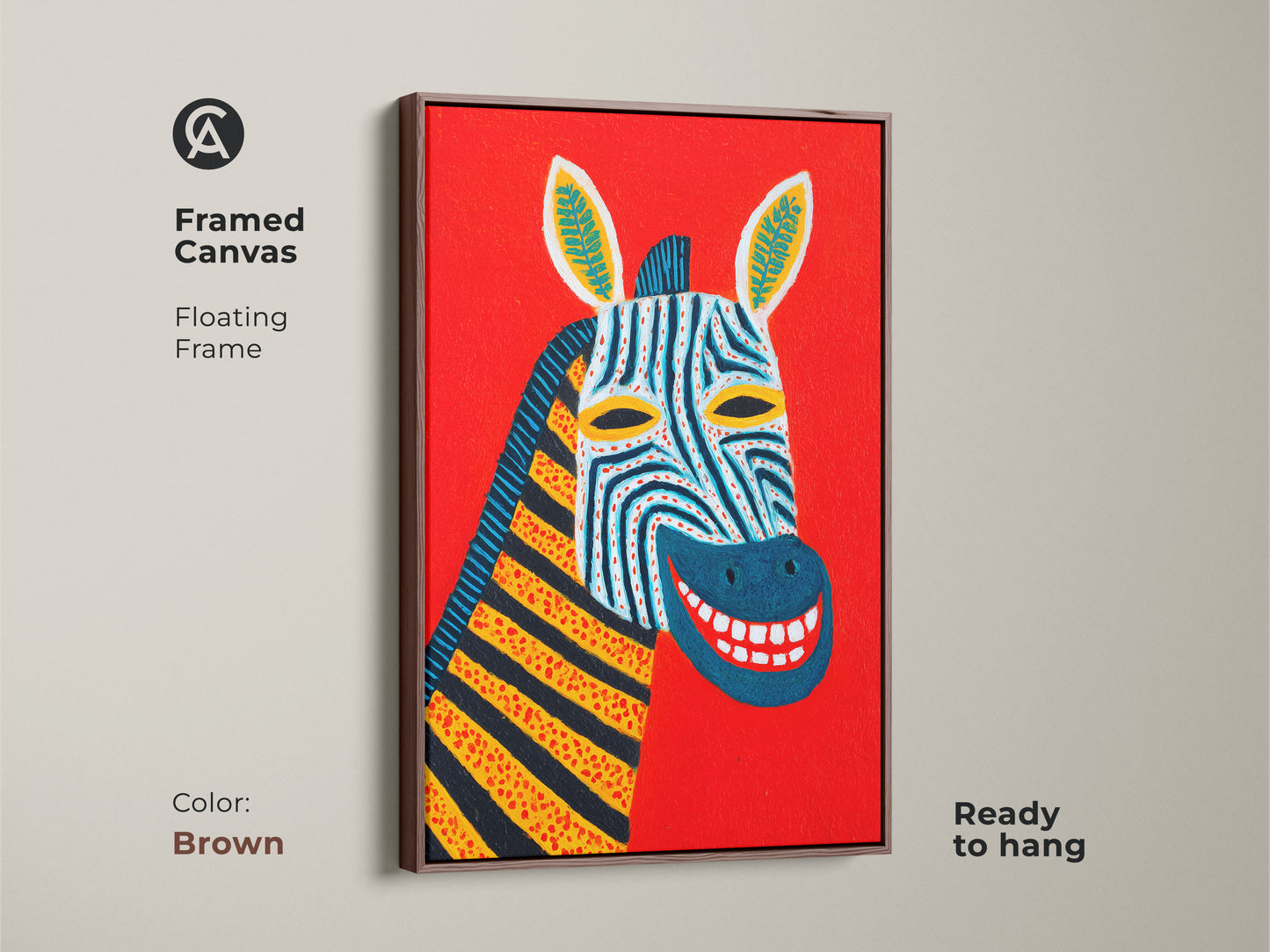 Framed canvas in brown displaying a modern folk art zebra portrait against a red backdrop. This ready-to-hang animal artwork features colorful stripes. It brings an eclectic touch to any room and is a great gift for animal lovers.