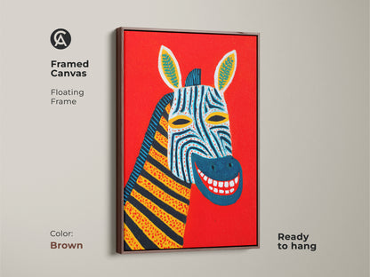 Framed canvas in brown displaying a modern folk art zebra portrait against a red backdrop. This ready-to-hang animal artwork features colorful stripes. It brings an eclectic touch to any room and is a great gift for animal lovers.