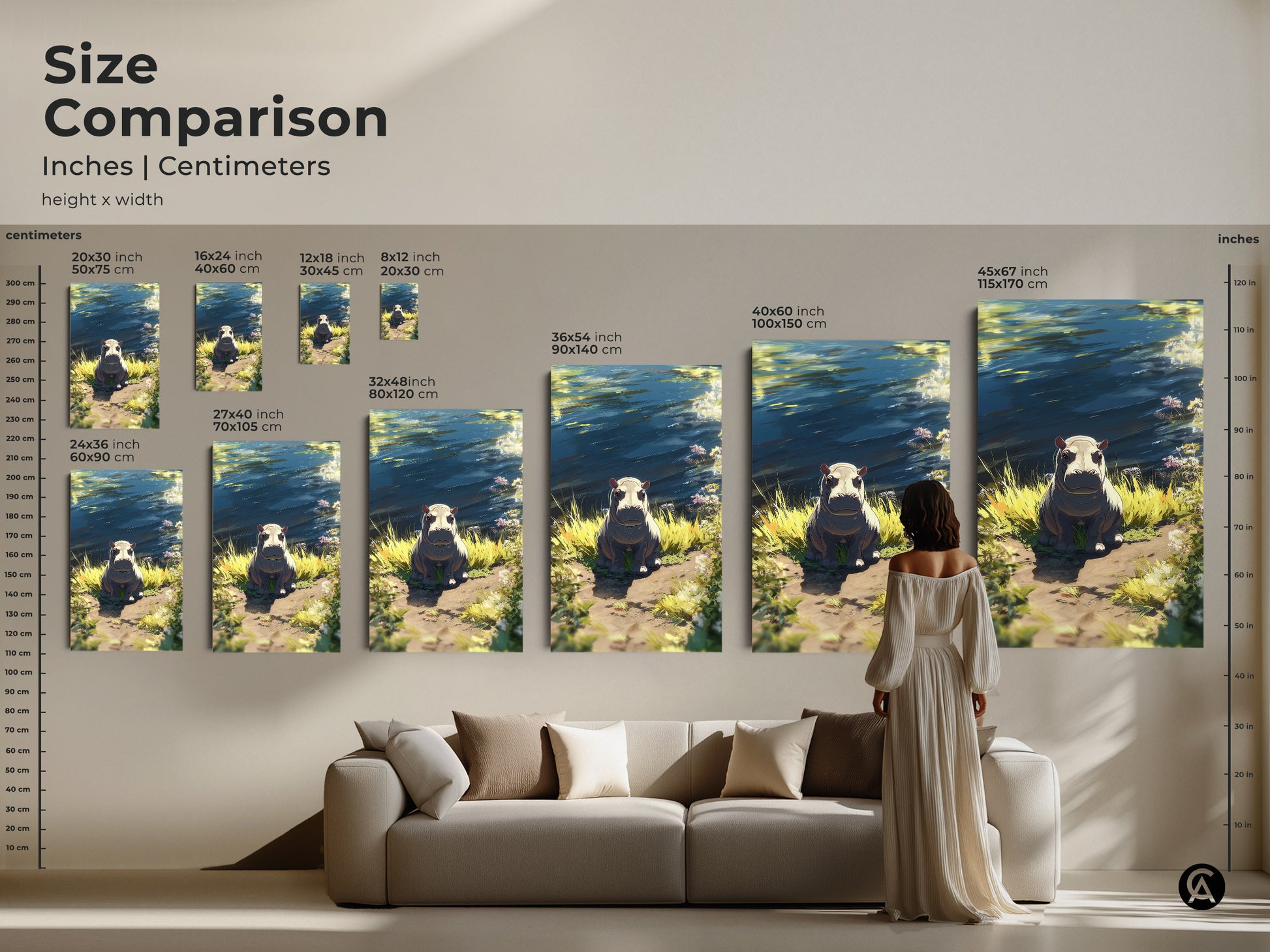 Size comparison of baby hippo art prints. The image shows how the art looks above a couch. Choose from various sizes for canvas or poster prints. Find the perfect fit for your eclectic home decor and animal theme.
