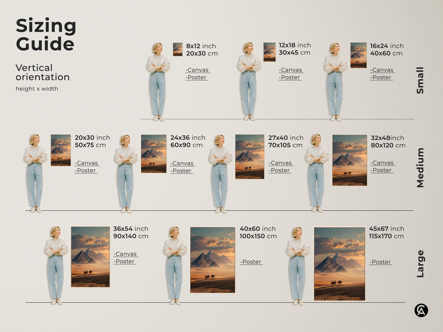 Explore the sizing guide for vertical orientation. The artwork features the Egyptian pyramids. A camel caravan treks across the sandy desert. The canvas and poster prints are available in multiple sizes. Find the perfect fit for your space.