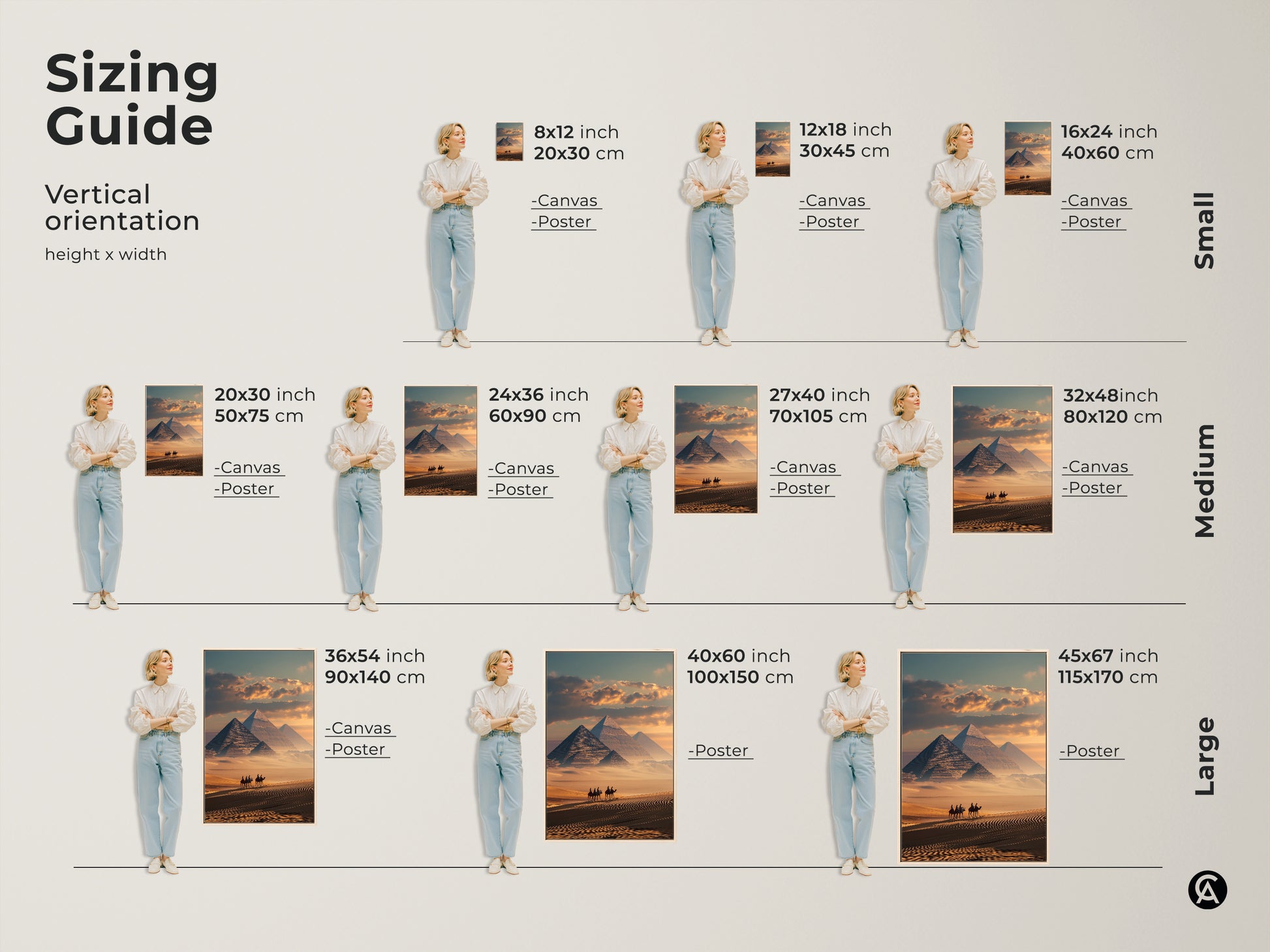 Explore the sizing guide for vertical orientation. The artwork features the Egyptian pyramids. A camel caravan treks across the sandy desert. The canvas and poster prints are available in multiple sizes. Find the perfect fit for your space.