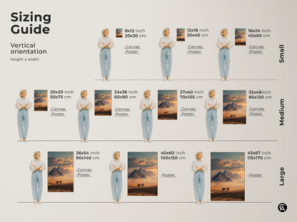 Explore the sizing guide for vertical orientation. The artwork features the Egyptian pyramids. A camel caravan treks across the sandy desert. The canvas and poster prints are available in multiple sizes. Find the perfect fit for your space.