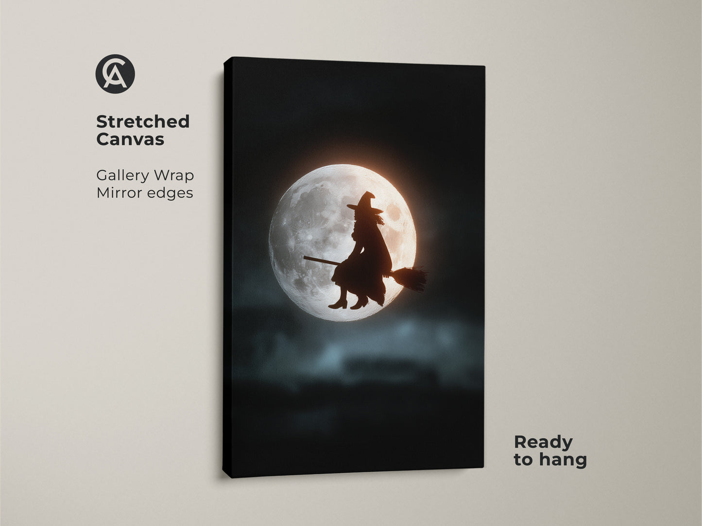 Stretched canvas of a witch flying on a broom against a full moon. This Halloween witch silhouette canvas art features mirror edges. It's a dark blue black wall art piece ready to hang. Perfect eclectic witchy decor for a fantasy-themed bedroom.
