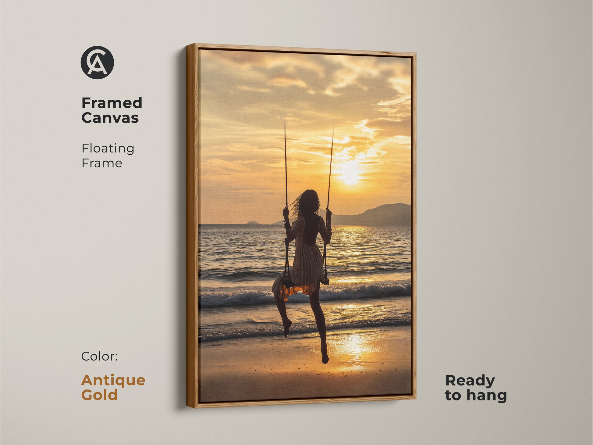 Framed canvas with a floating antique gold frame. The artwork features a woman on a swing during a golden sunset. The orange sunset seascape creates a serene beach scene. This coastal boho home accent is ready to hang. Ideal for residential ocean view art and a thoughtful gift.
