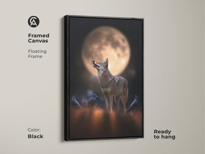 Black framed canvas art shows a coyote and crows under a full moon. The floating frame enhances the rustic artwork. Ready to hang this wildlife print is perfect for animal lovers. The golden orange hues and dark details add charm to any room.